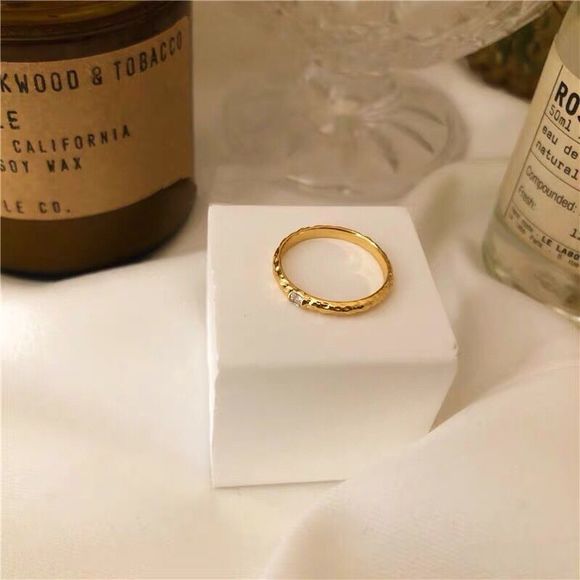 18K Gold Plated Hand Hammered Dainty Minimalistic Solitaire Band Ring - Picture 4 of 6